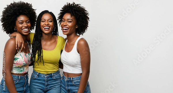 Fototapeta A Cheerful Group with Afro-textured Hair and Braids Embrace, Radiating Joy and Friendship Against a Neutral Backdrop.