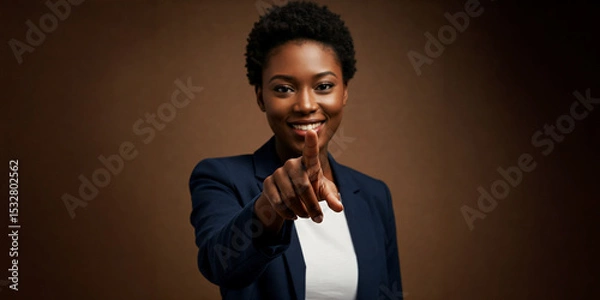 Fototapeta Confident Black woman smiling and pointing forward while wearing a navy blue blazer, standing against a neutral brown background indoors
