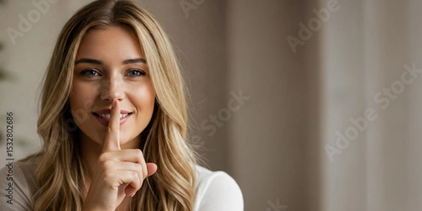 Fototapeta Smiling Woman Holding Finger to Lips in Quiet Gesture, Blending Playfulness, Calm, and the Power of Silent Expression