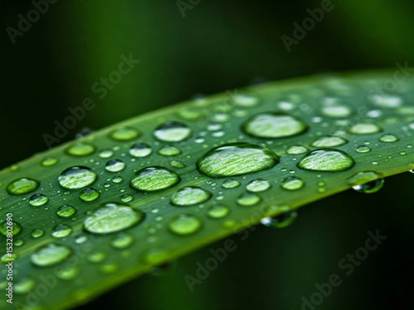 Fototapeta Close-up of fresh green leaf covered in sparkling raindrops, reflecting light and capturing the essence of natural morning moisture