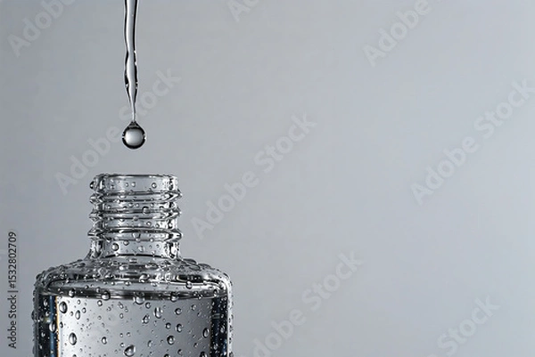 Fototapeta A single water droplet falling into a transparent glass bottle, highlighting purity, precision, surface tension, and minimalist liquid design