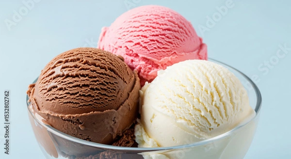 Fototapeta A vibrant trio of classic ice cream scoops — chocolate, strawberry, and vanilla — artfully arranged in a clear glass bowl