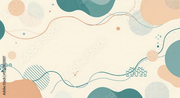 Fototapeta Abstract background with organic teal and peach shapes, dotted and lined circles, and flowing copper-colored lines on a cream canvas