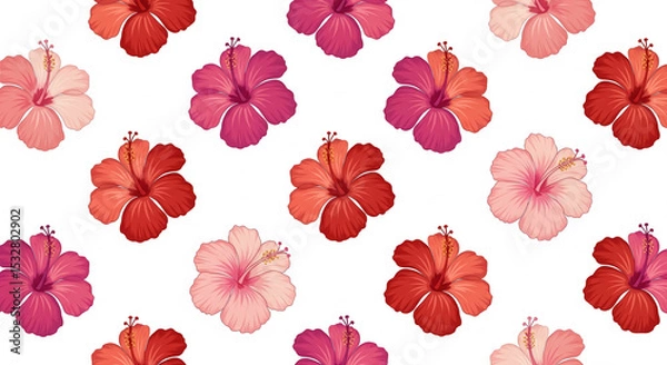 Fototapeta A repeating floral pattern showcases vibrant hibiscus flowers in various shades of pink and red against a clean white backdrop