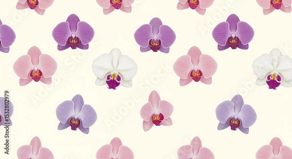Fototapeta Pattern of colorful orchids in pink, purple, and white, symmetrically arranged over a light background, creating a floral decorative composition