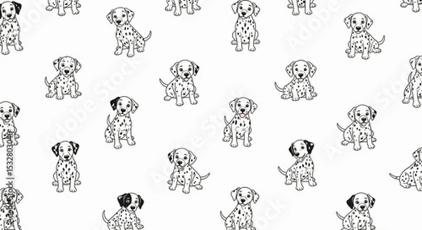 Fototapeta A black and white repeating pattern of adorable Dalmatian puppies with spotted coats scattered across a white background
