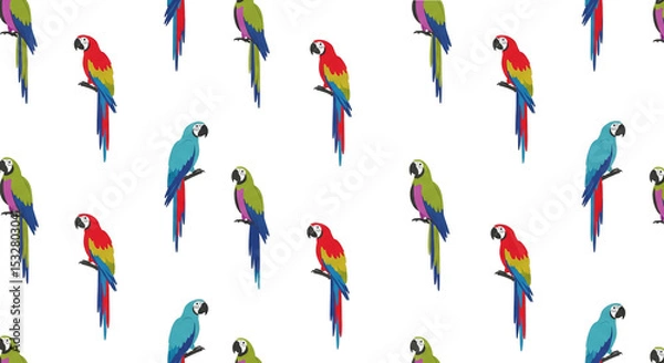 Fototapeta Colorful parrots arranged in a playful, repetitive pattern on a white background, showcasing tropical birds in artistic and vibrant design