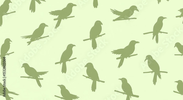 Fototapeta A subtle, repeating pattern of olive green bird silhouettes perched on branches, scattered across a light cream background
