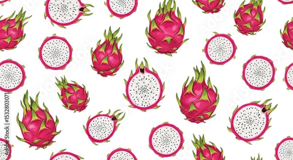 Fototapeta A vibrant repeating pattern of whole and sliced bright pink dragon fruits with green scales scattered across a white background