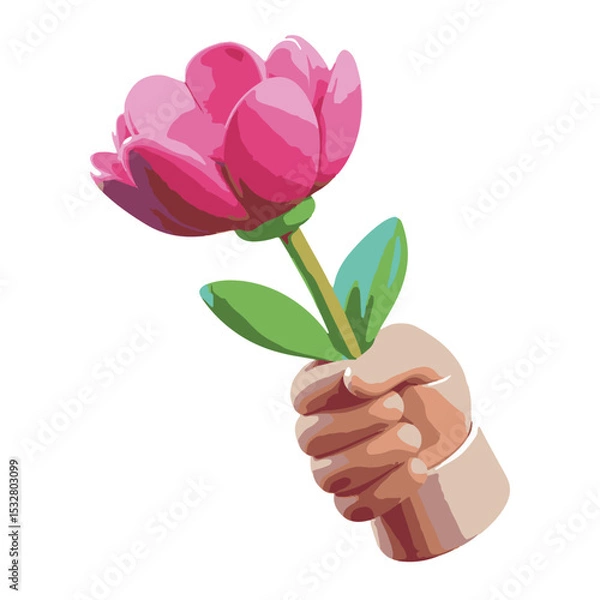Obraz Playful hand holding a flower in 3D art is ideal for giving, appreciation, and love-themed visuals