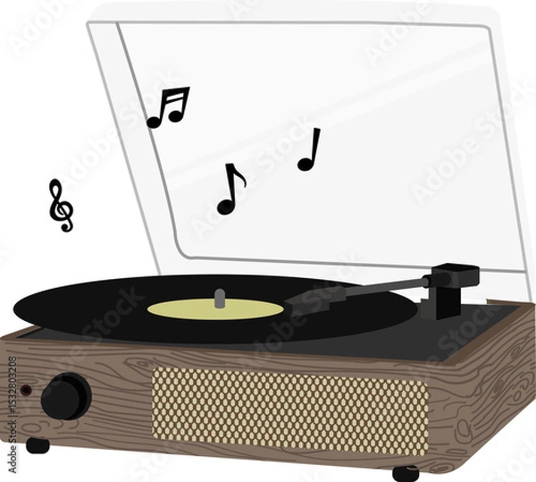 Fototapeta Vintage flat design turntable is playing vinyl with tonearm, knob and music notes on clear backdrop