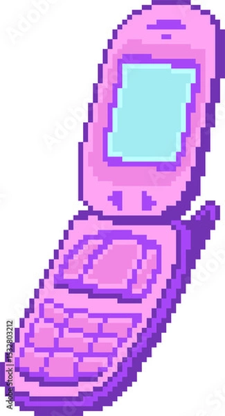 Obraz Open flip phone is being shown in pixel art with screen, hinge and keypad, transparent background