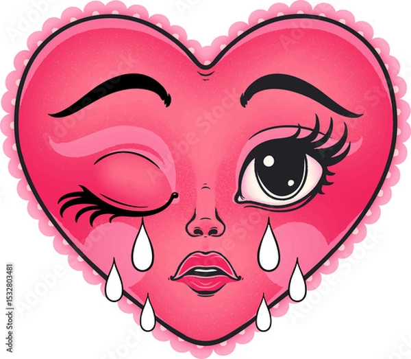 Obraz Heart icon is showing crying face in flat design, scalloped edge, teardrops, transparent background