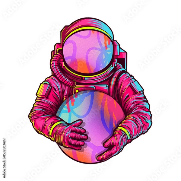 Fototapeta Neon flat astronaut is floating and holding planet orb on transparent background with suit tubing