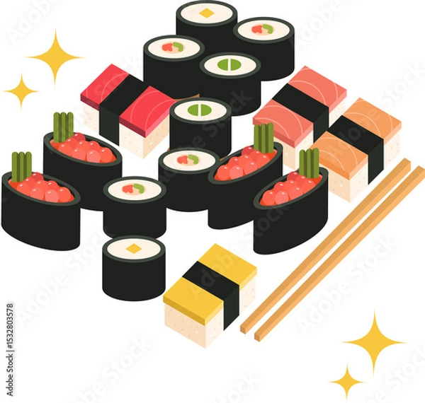 Fototapeta Flat sushi drawing is showing rolls nigiri gunkan chopsticks and sparkles on transparent background