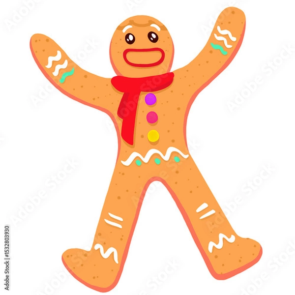 Fototapeta Flat gingerbread cookie is raising arms, scarf  and  candy buttons, transparent background, copy spa