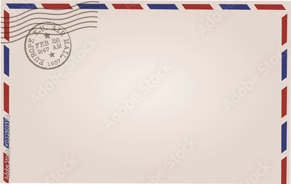 Obraz Vector airmail envelope is showing on clear layer, featuring red-blue border and cancellation mark
