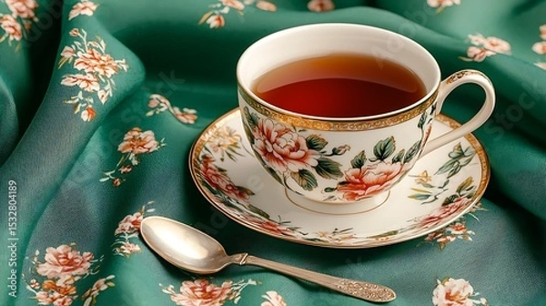 Obraz Elegant Tea Cup with Floral Design on Green Fabric Fold Clean Antique Timeless