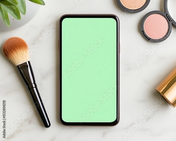 Obraz Mockup layout preview a modern flat lay featuring a smartphone with a mint green screen surrounded by beauty products. Ideal for beauty and lifestyle themes.