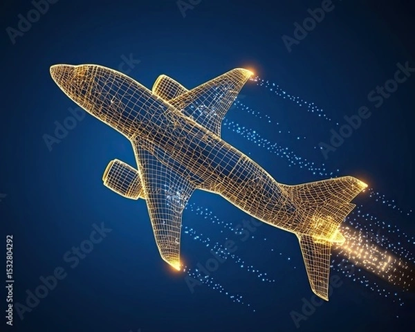 Obraz Wireframe jet engineering model a futuristic wireframe airplane design glows against a dark blue background, symbolizing innovation and high-speed travel in a digital world.