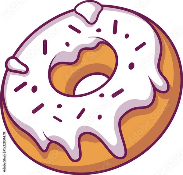 Fototapeta Vector brown donut is showing dripping white icing and purple sprinkles with transparent background