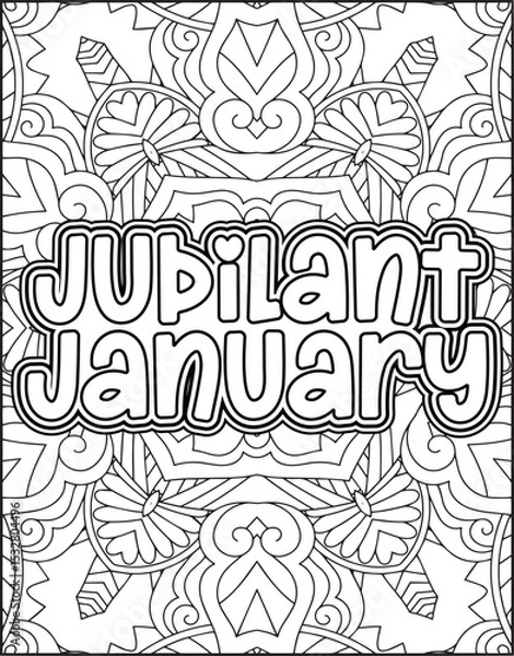 Obraz 12 Month Name Coloring Page for Adults. Monthly Name Motivational Quote Coloring page.