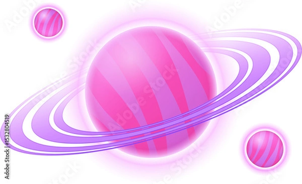 Fototapeta Ringed planet is floating in flat design with pink-purple rings and orbiting moons, clear canvas