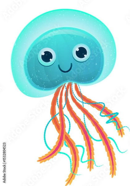 Obraz Cartoon jellyfish floating on transparent backdrop, with turquoise bell and orange-teal tentacles