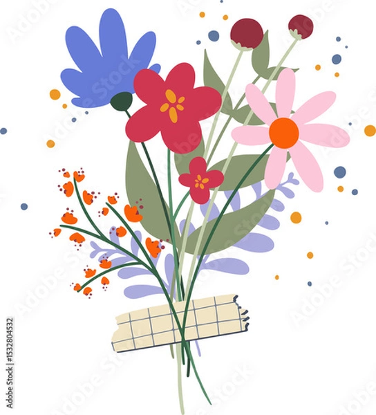 Obraz Flat bouquet is featuring flowers and leaves, orange blue dots, grid tape transparent background