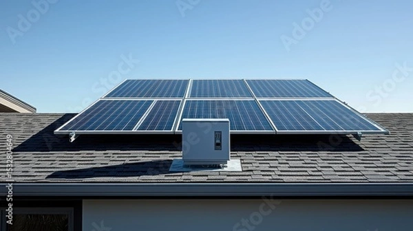 Obraz Panel junction box component of solar installation system on modern house rooftop clear blue sky background residential energy solution