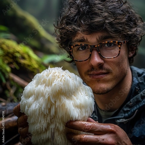 Obraz Oregon mushrooms featuring large lion's mane fungus with distinctive white cascading spines examined by mycologist in natural forest habitat