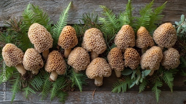 Obraz Oregon mushrooms fresh morels displayed on rustic wooden surface with Pacific Northwest ferns and conifer needles highlighting unique porous caps and natural brown coloration