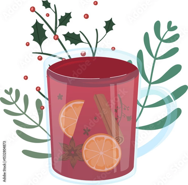 Fototapeta Flat design glass mug showing mulled wine with orange slices, holly berries, transparent background