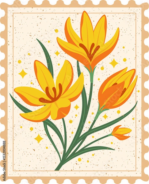 Fototapeta Flat yellow-orange bouquet is floating in cream-stamp-panel with sparkles on transparent background