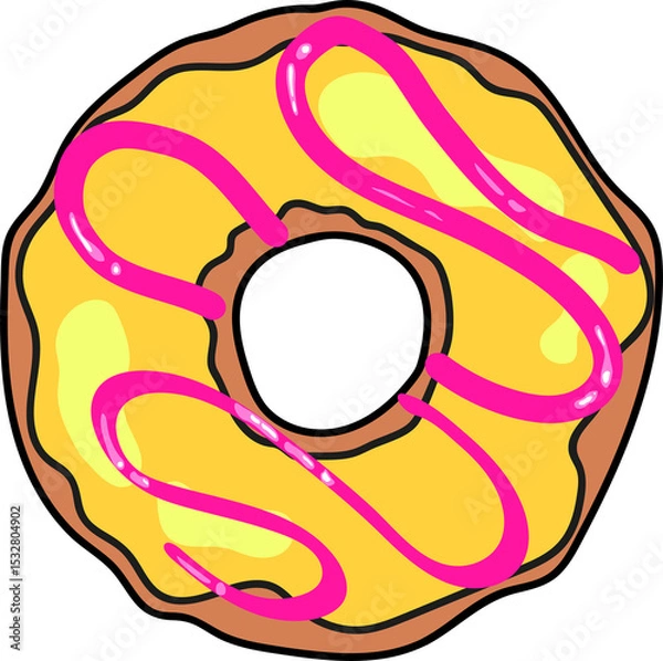 Fototapeta Cartoon donut is floating in flat design with yellow icing and pink drizzle on transparent backdrop