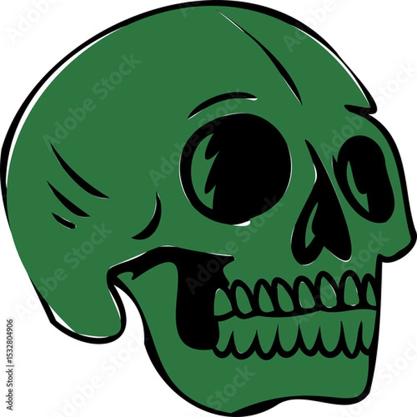 Fototapeta Green skull is floating in flat illustration facing right, hollow sockets on transparent background
