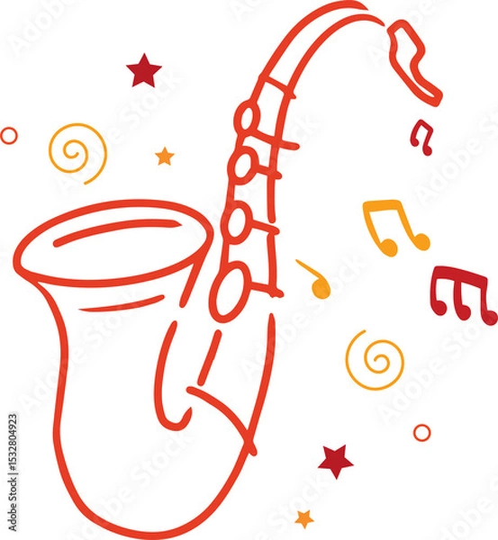 Fototapeta Flat design saxophone is floating on transparent layer, swirling musical notes, stars and spirals
