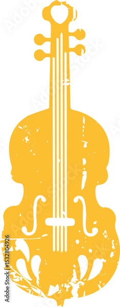 Fototapeta Weathered yellow instrument silhouette is showing f-holes with grunge on transparent background