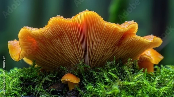Obraz Oregon mushrooms close-up macro shot of beautiful golden chanterelles with detailed gill patterns growing in lush green moss, soft natural lighting highlighting intricate fungal textures and forest e