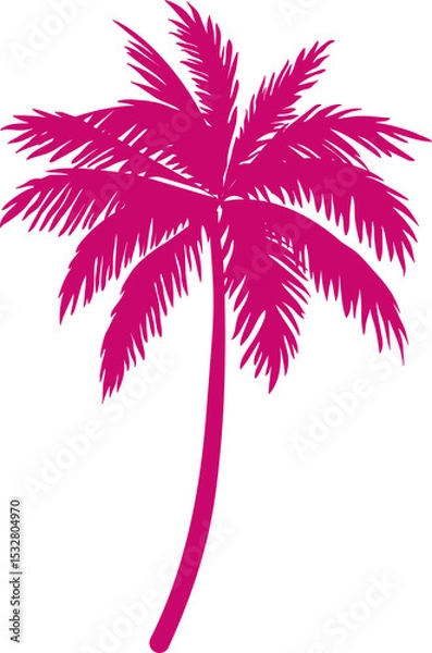 Fototapeta Featuring flat pink palm tree silhouette curving trunk, radiating fronds on transparent backdrop