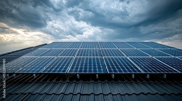 Obraz Solar panel wind resistance perspective modern house roof dramatic sky aerodynamic design secure hardware weather resistant installation