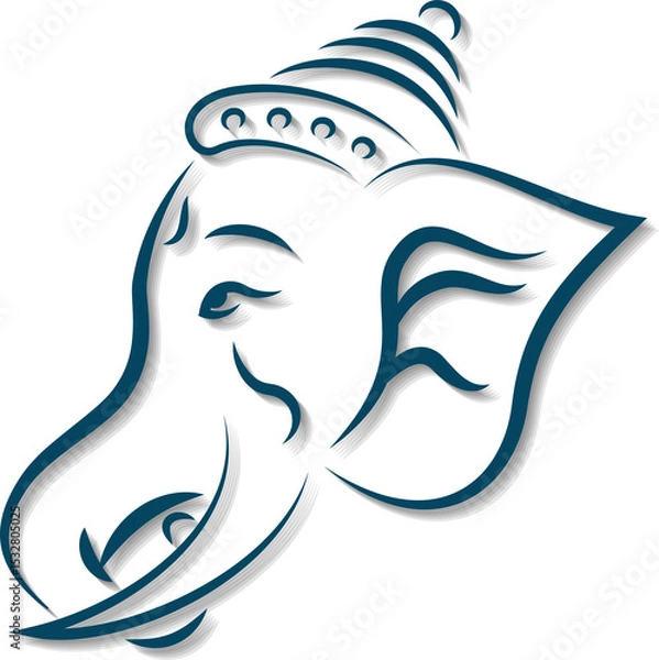 Fototapeta Line art elephant head is showing teal brushstrokes with dotted crown on transparent background