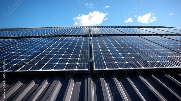 Obraz Solar panel wind resistance secure mounting brackets residential rooftop low angle view installation system blue sky