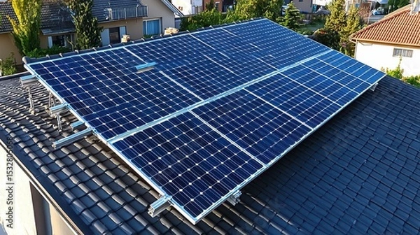 Fototapeta Panel mounting system aerial view residential roof solar array aluminum mounting rails professional installation grid pattern