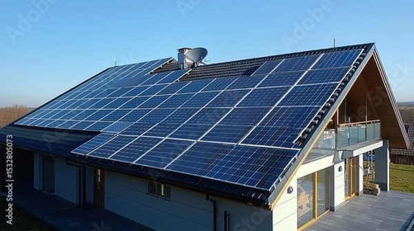 Obraz Solar panel monitoring technology modern house rooftop installation comprehensive panel coverage residential solar array renewable energy system