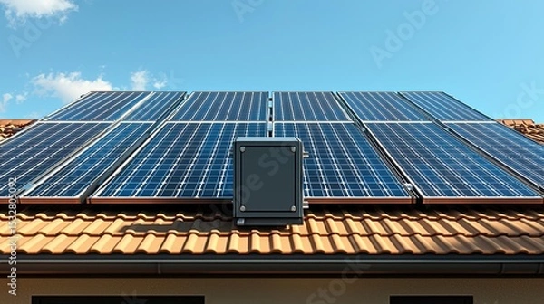 Obraz Panel junction box mounted on modern house rooftop with solar panels installation system clear blue sky background residential architecture