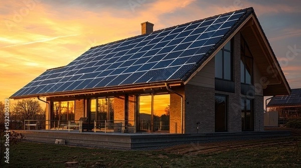 Obraz Panel mounting system professional installation residential solar panels modern brick house uniform grid pattern golden hour lighting