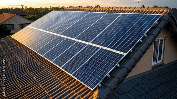 Obraz Solar panel optimization residential rooftop installation modern house blue panels efficient energy system contemporary architecture clean technology
