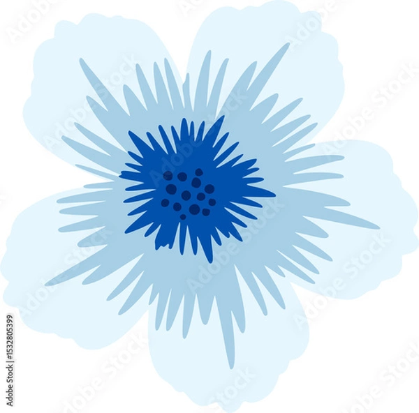 Obraz Flat flower art is showing light-blue petals with navy stamen and dots, transparent background