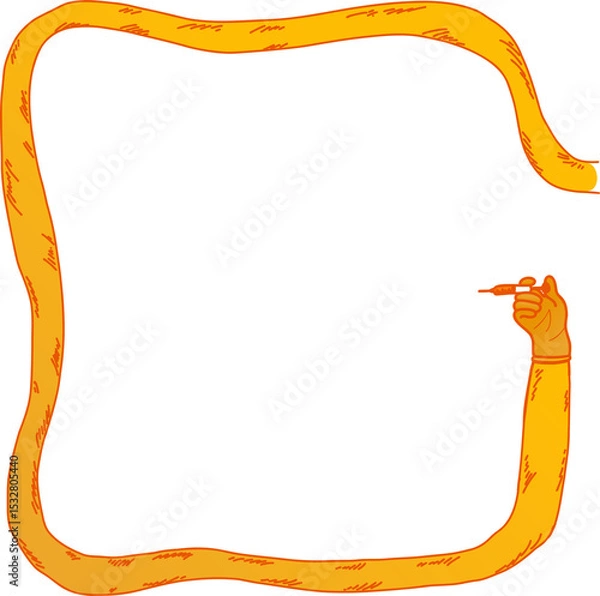Fototapeta Cartoonish orange arm is twisting around square border, holding syringe on transparent background